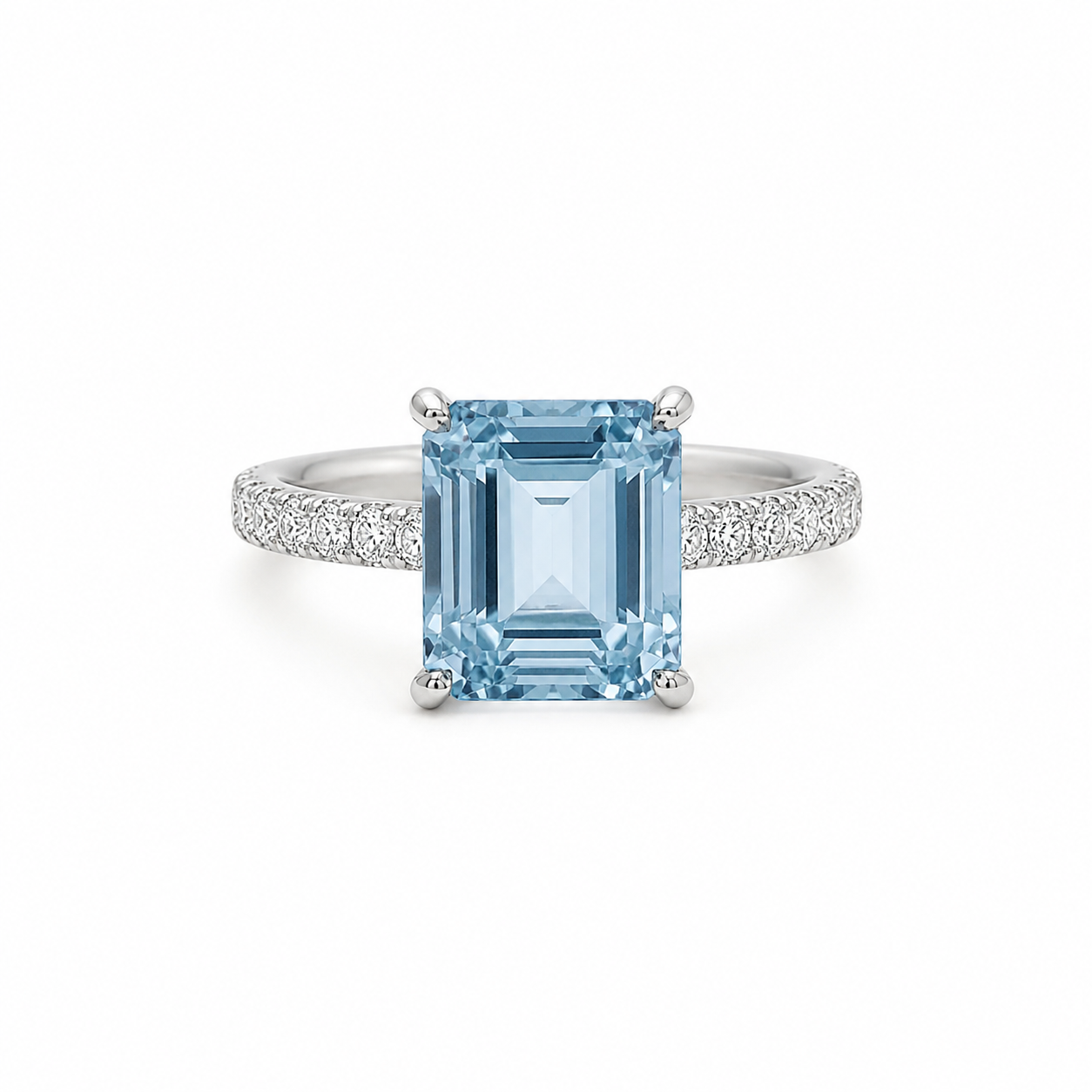 Emerald-cut aquamarine and diamond ring